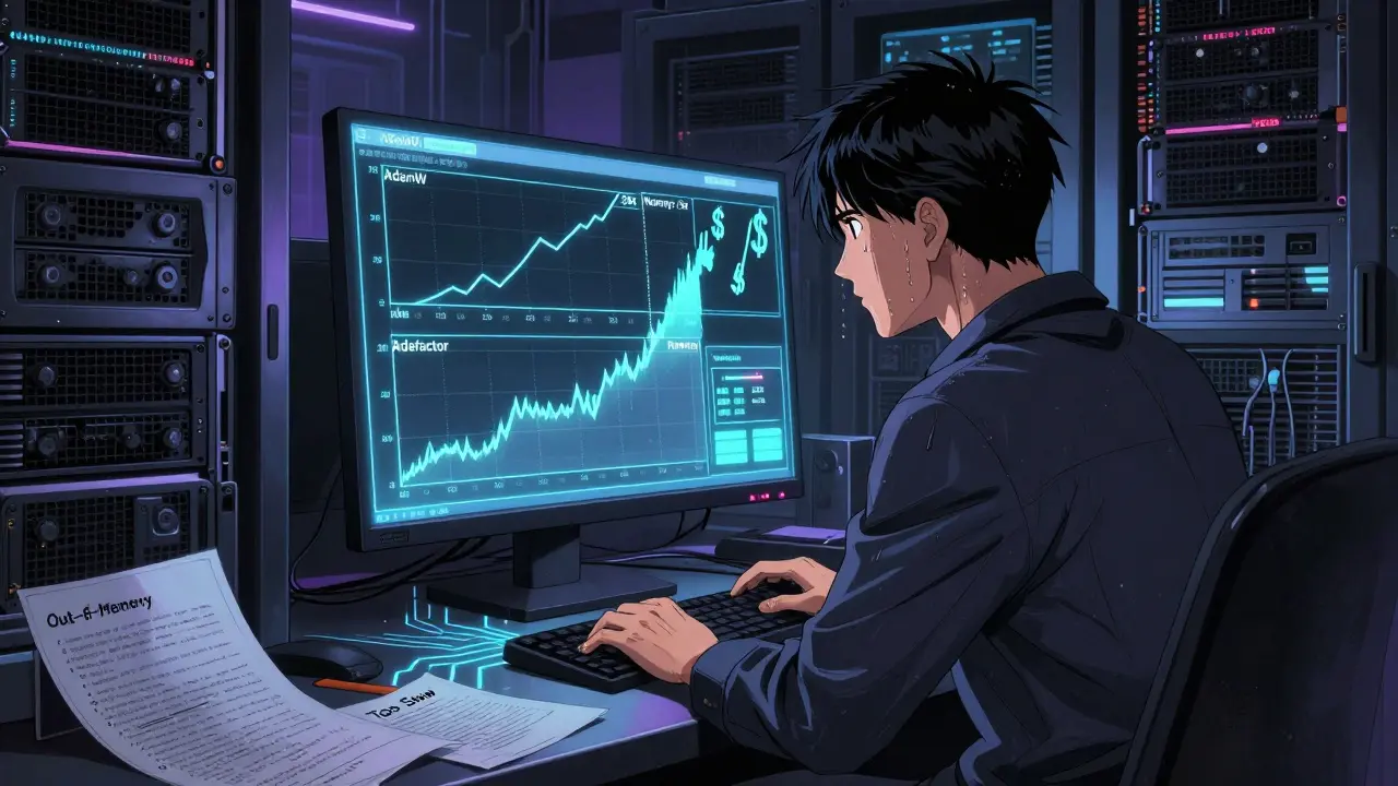 Ingenieur beobachtet drei Training-Kurven auf einem Monitor, mit Speicher- und Kosten-Indikatoren, umgeben von Servern und fehlgeschlagenen Logs.
