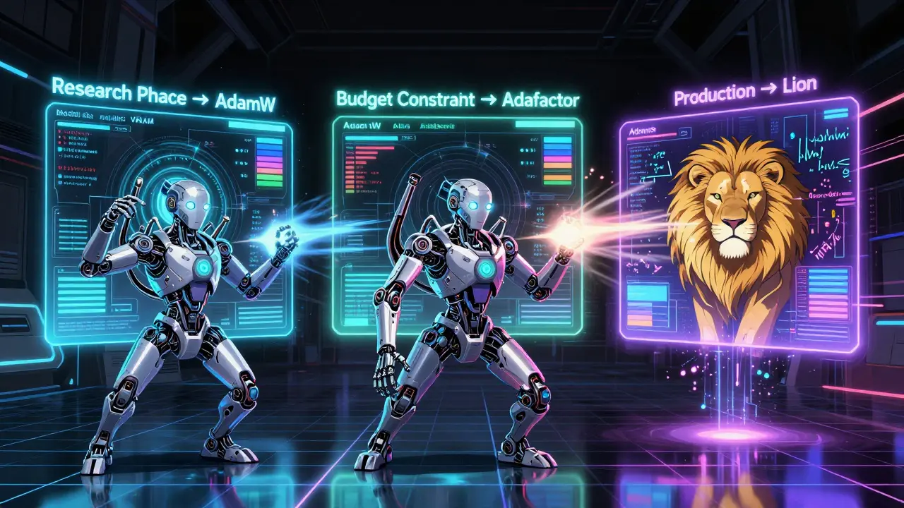 Künstliche Intelligenz wechselt dynamisch zwischen Optimierern AdamW, Adafactor und Lion basierend auf Trainingsdaten, mit neuem AdamS im Hintergrund.