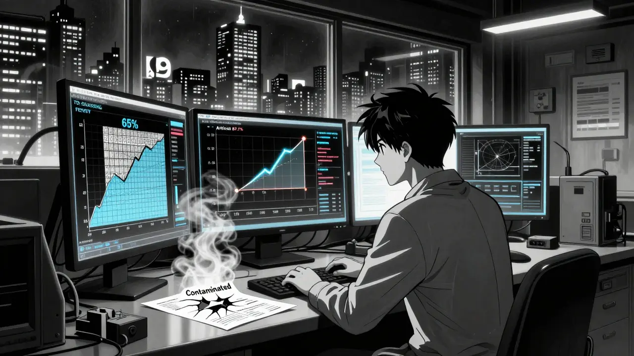 Ein Ingenieur analysiert Datenlecks in einem Labor, während künstlich aufgeblähte Benchmark-Werte neben echten Messungen erscheinen.
