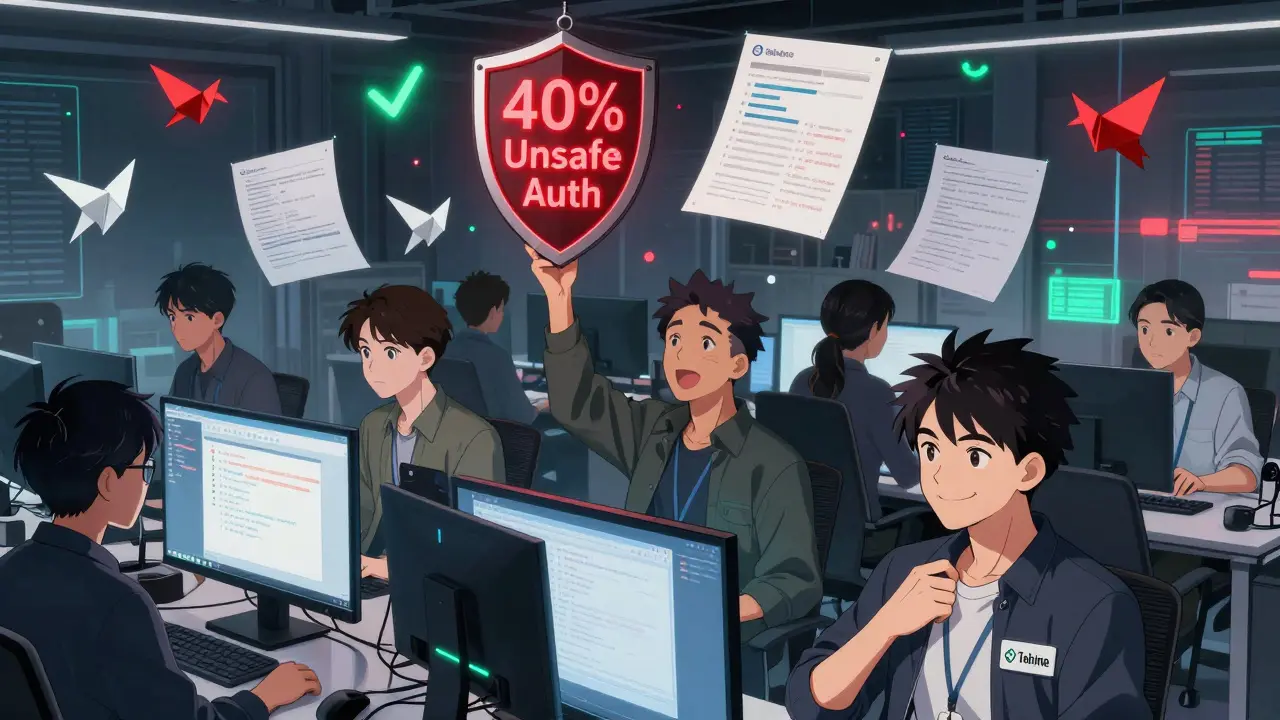 Entwicklungsteam mit schwebenden Testfällen und Warnhinweisen, eine KI-Tool-Badge leuchtet auf der Jacke.