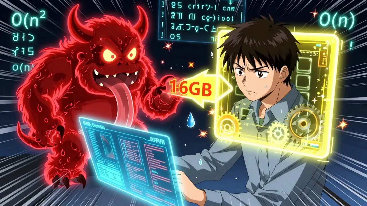 Ingenieur vor holografischem Dashboard, das Speicherüberlastung und Rechenengpass als Monster darstellt.