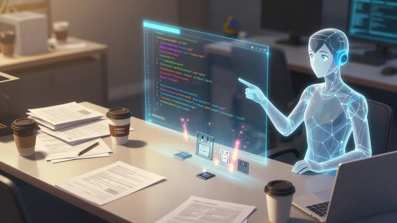 Vergleich zwischen altem COBOL-Code und neuem Java-Code, unterstützt von einer künstlichen Intelligenz in Anime-Stil.