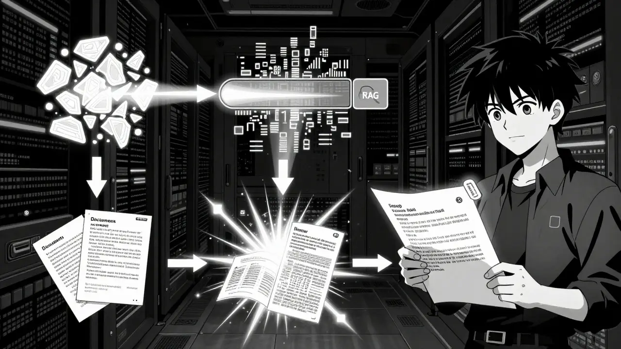 Vier Phasen von RAG: Dokumente werden in Vektoren zerlegt, gesucht, kombiniert und als Antwort mit Quellen ausgegeben.