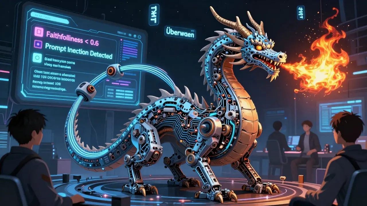 Anime-Stil: Ein Daten-Drache, der echte Fehler in neue Tests verwandelt, während Warnungen auf einem Dashboard blinken.