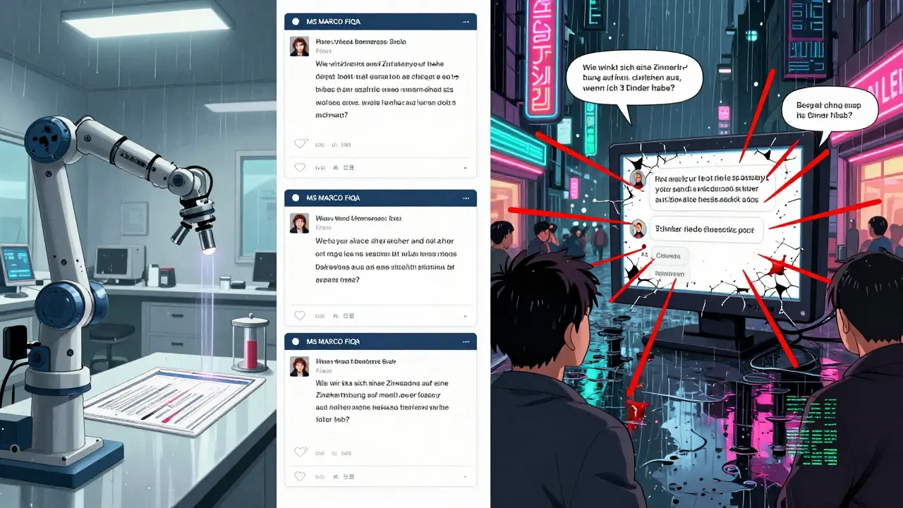 Anime-Stil: Synthetische Tests links, echte Nutzeranfragen rechts mit gefährlicher Fehlantwort in medizinischem Kontext.