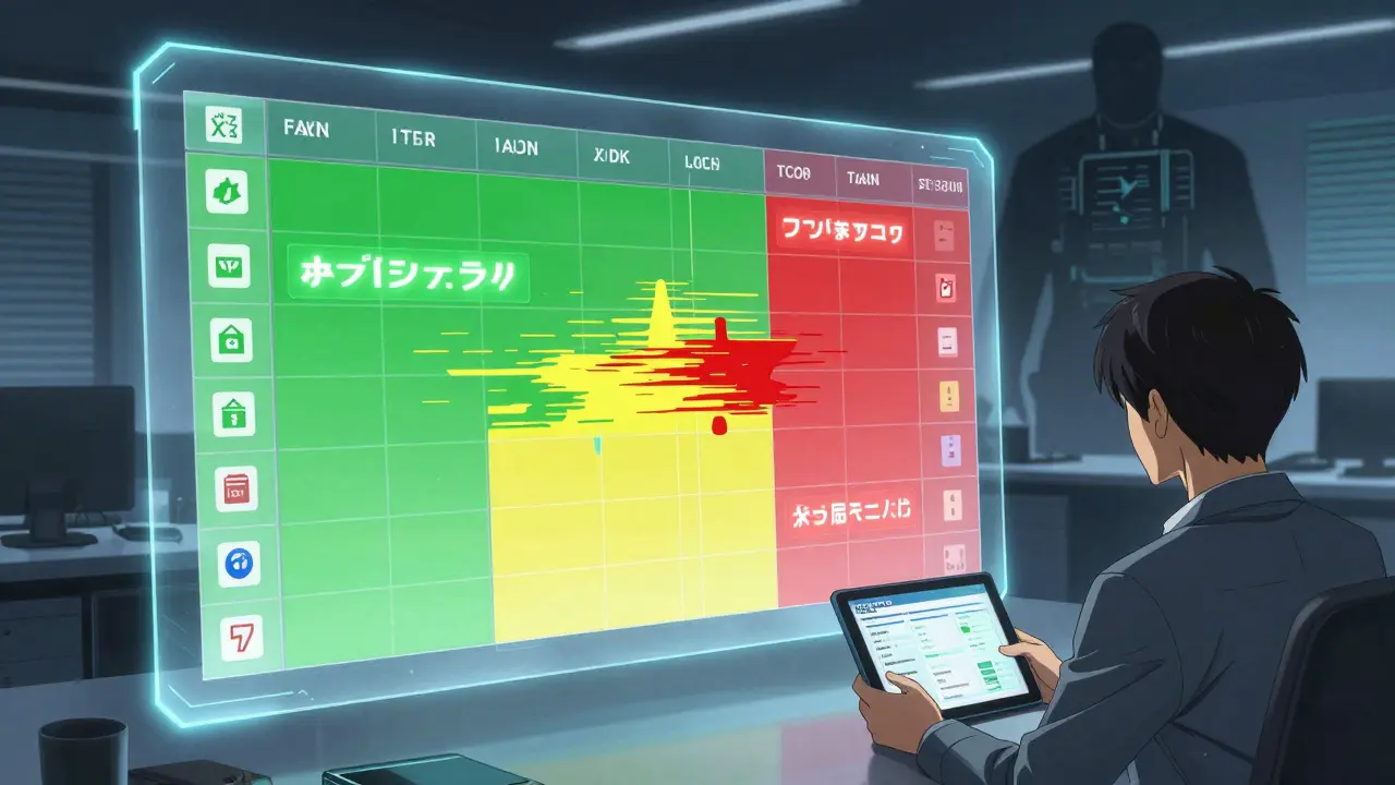 Echtzeit-Risikomatrix mit farblich wechselnden App-Kategorien und automatischen Warnungen in einem modernen Büro.