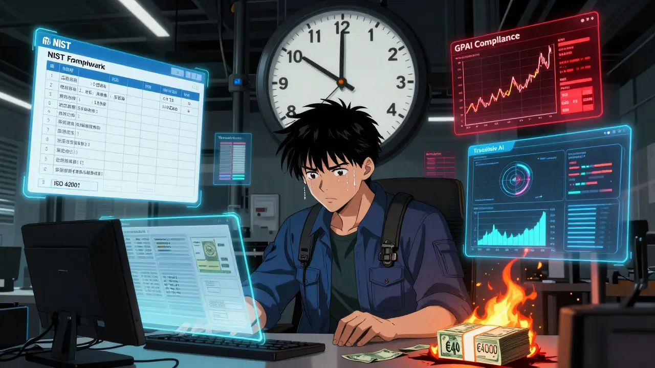 Ein Ingenieur in einem Startup-Büro, umgeben von Compliance-Hologrammen und einer laufenden Deadline.