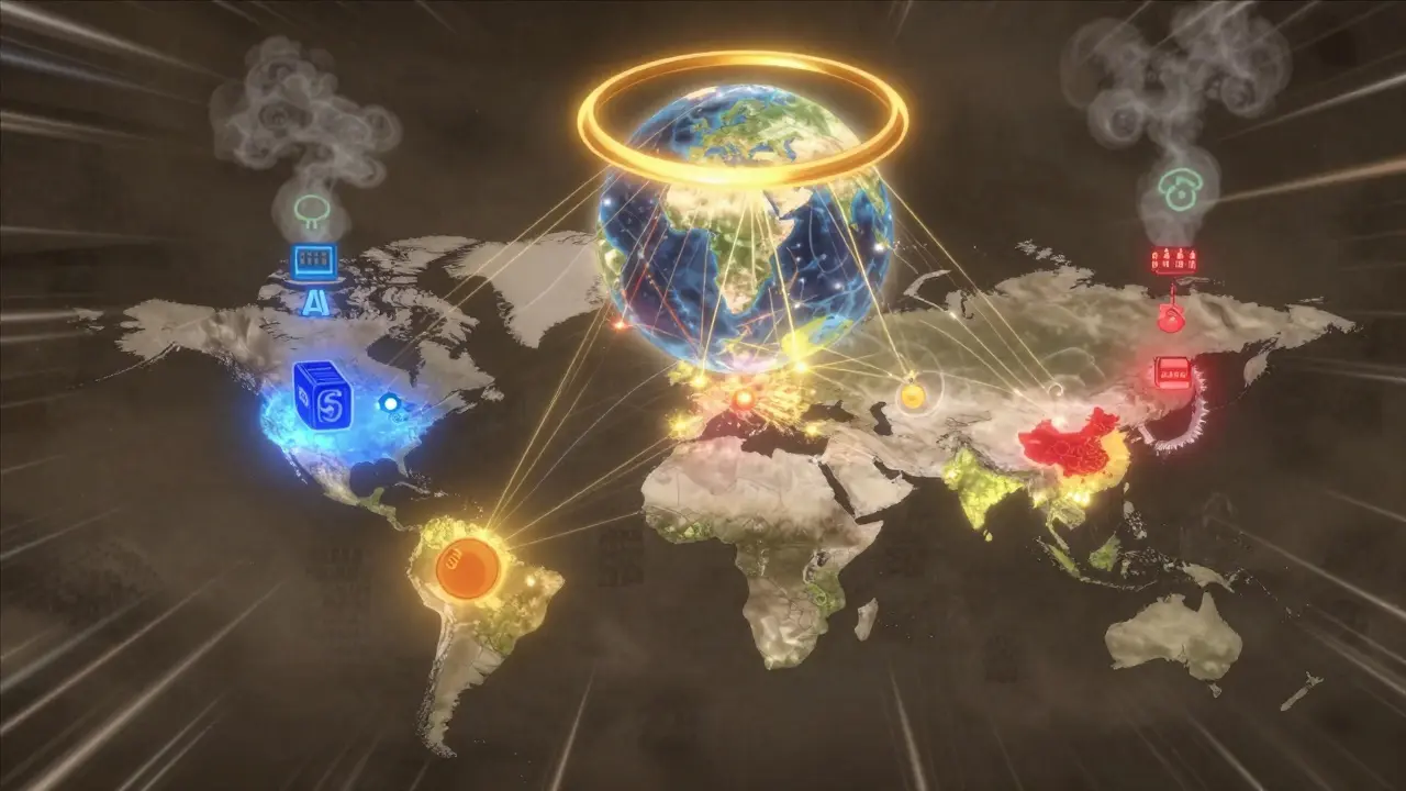 Eine globale Karte mit regulativen Pulsen, die sich um einen goldenen Zertifizierungsring drehen.