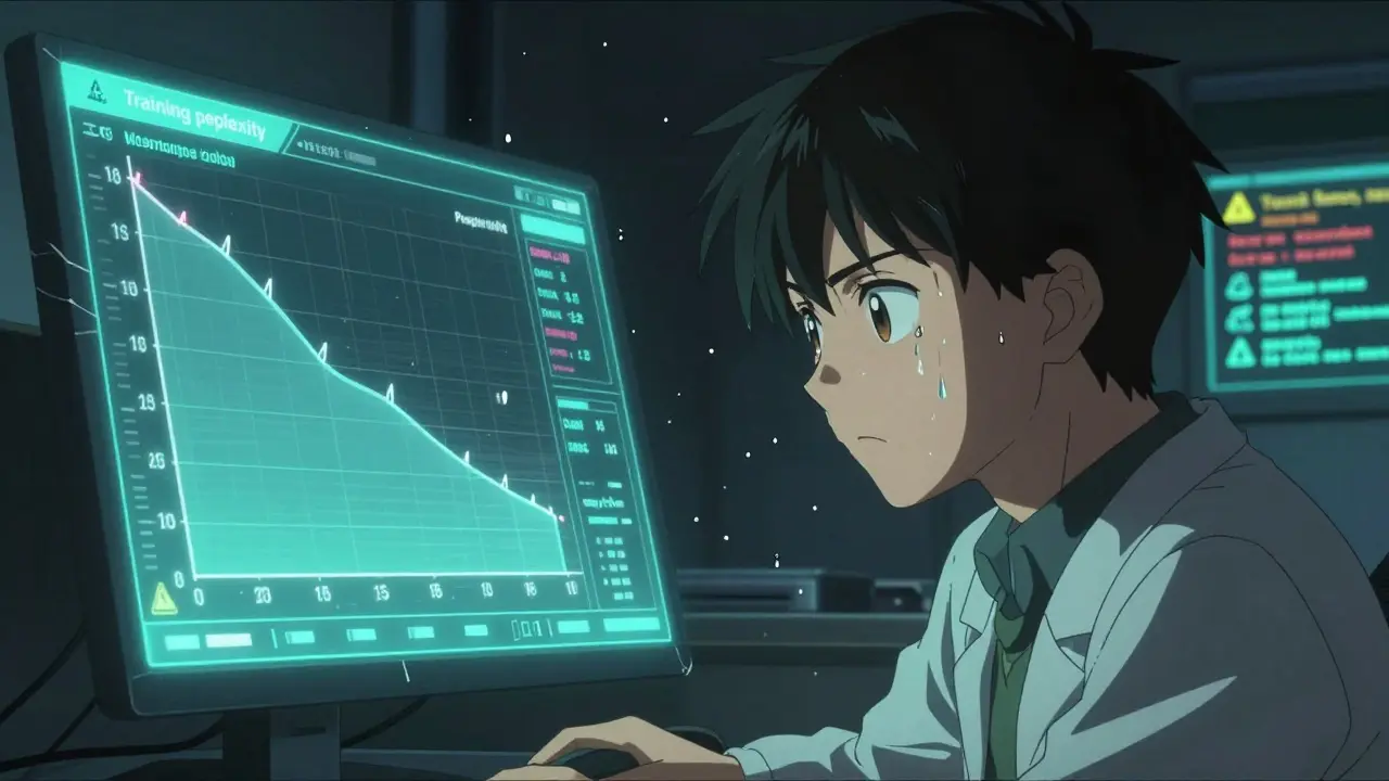 Data Scientist beobachtet eine steigende Validierungs-Perplexity nach Epoche 15.