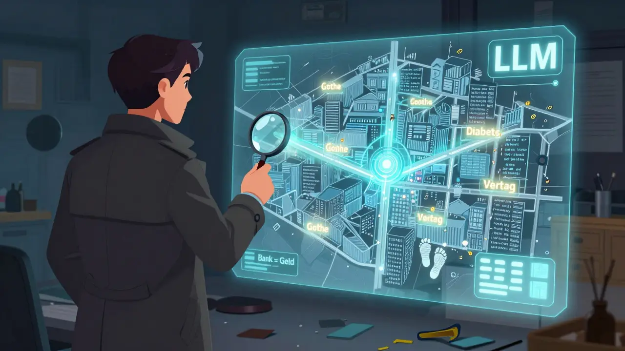 Detektiv mit Lupe vor einem Fußabdruck neben einer holografischen Stadt aus Sätzen und Bedeutungen.