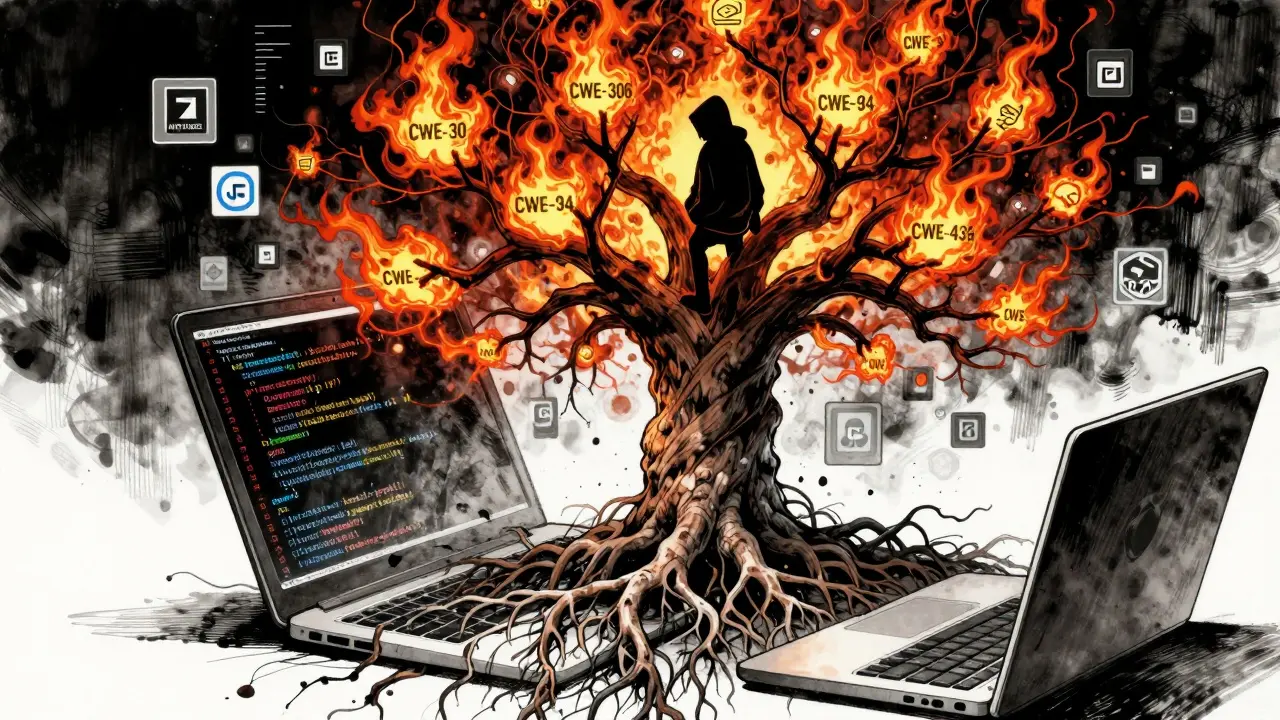 Digitale Baumstruktur aus unsicherem Code brennt, Hacker sammelt Daten, CWE-Symbole schweben, düstere Cyber-Atmosphäre.