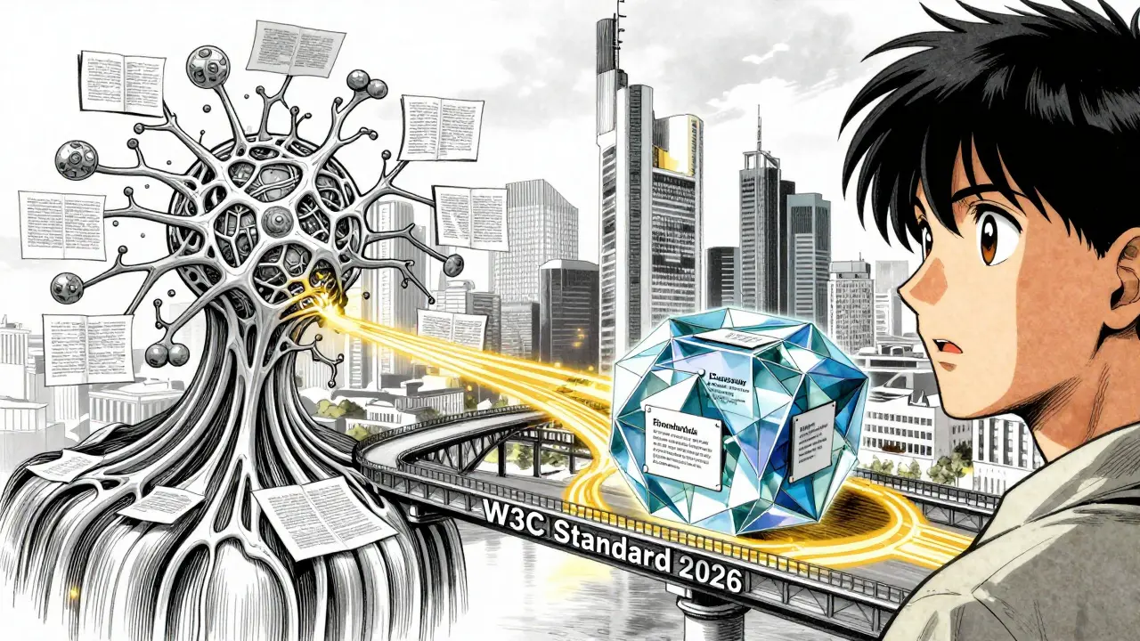 Hybride KI-Architektur: neuronales Netzwerk verbindet sich mit symbolischem Logik-Engine unter W3C-Standard.