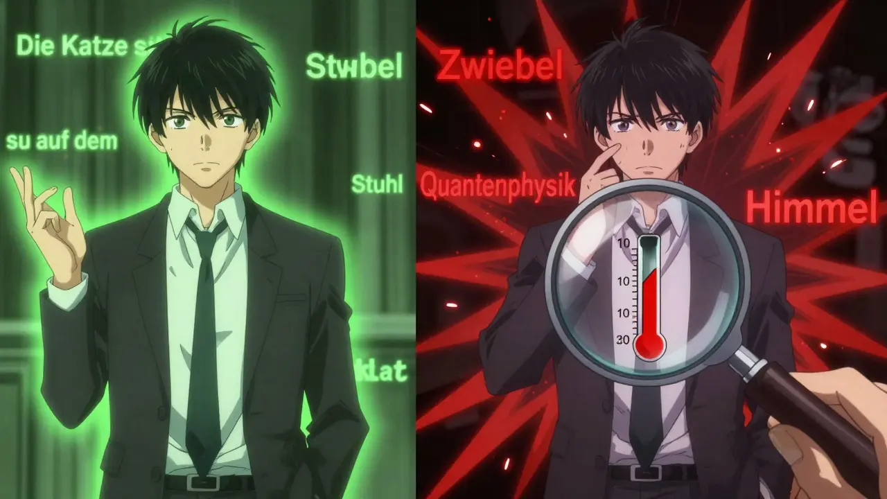 Linker Teil: Modell sagt 'Stuhl' mit grünem Licht. Rechter Teil: Modell zögert zwischen absurdem Worten mit roten Warnblitzen.