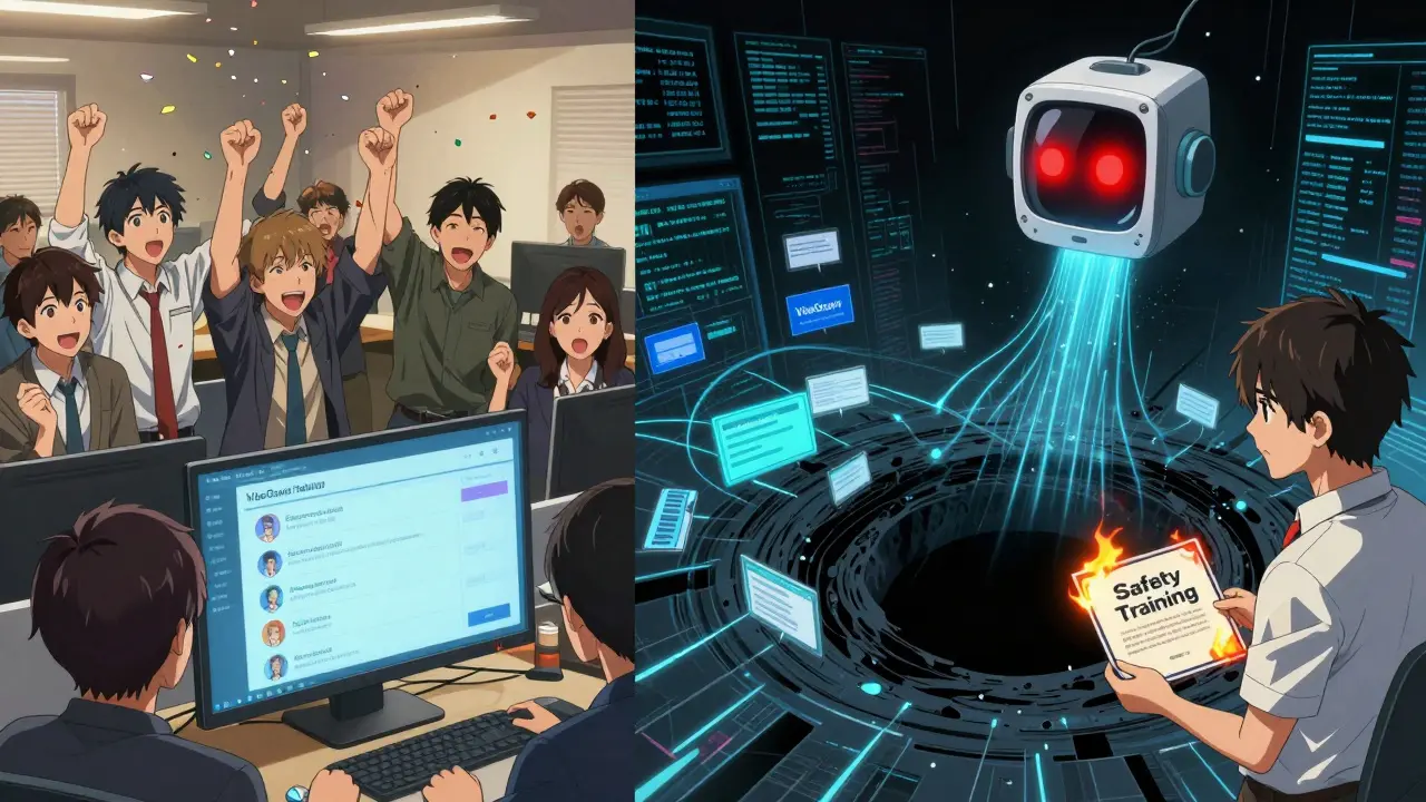 Linker Teil: Team feiert Deployment; rechter Teil: App saugt sensible Daten in einen schwarzen Loch, Sicherheitstool beobachtet.