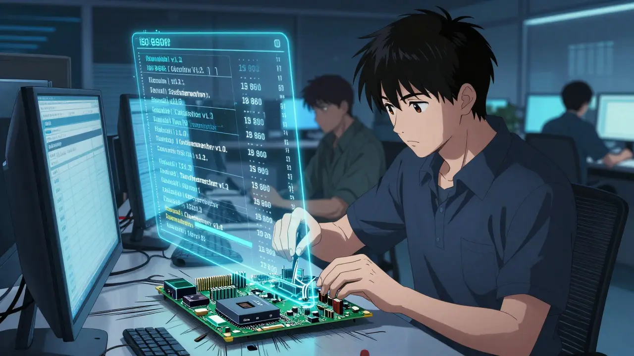 Techniker ersetzt ein KI-Modul in einem Berliner Büro, während Audit-Trails in der Luft schweben.