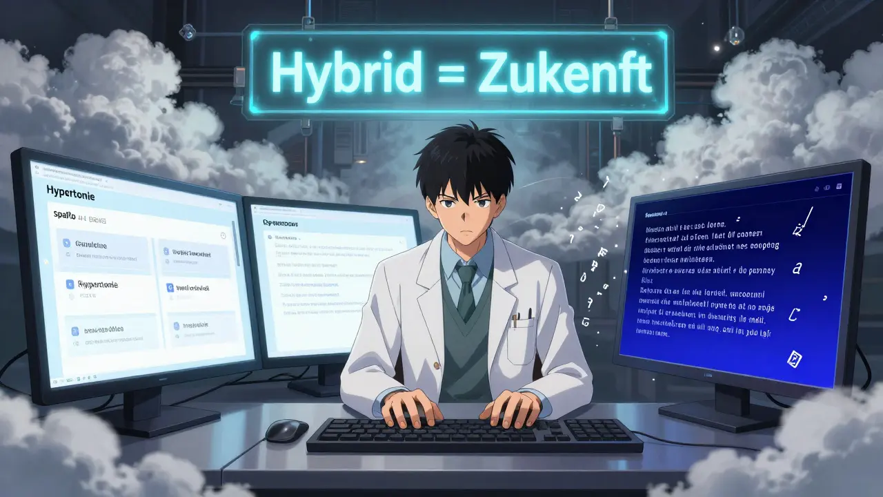 Wissenschaftler mit zwei Interfaces: präzise Entitäten links, kreative Texte rechts, CO2-Wolke im Hintergrund.