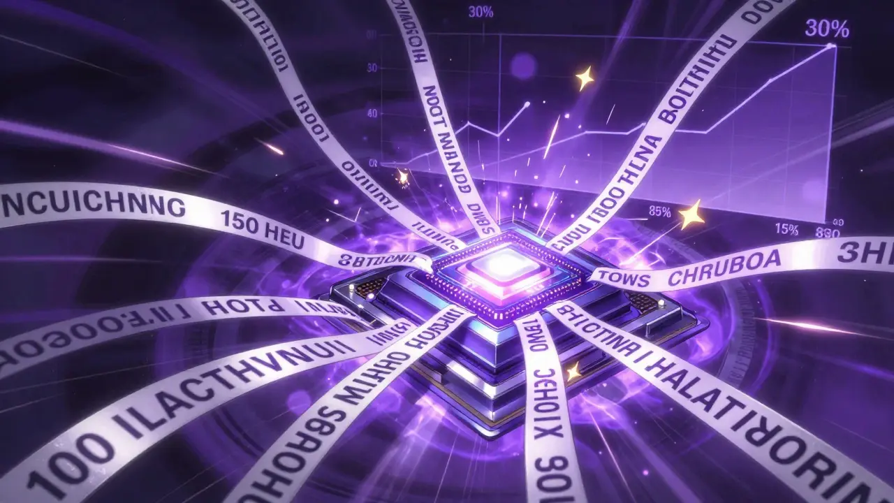 A GPU processing multiple text threads of different lengths simultaneously with dynamic token insertion.