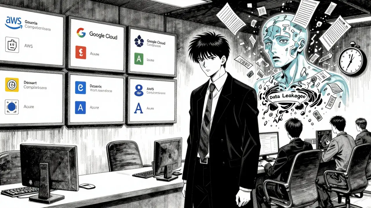 Ein Auditor blickt auf Compliance-Screens, während ein LLM sensible Daten in einen Datenleck-Vortex abstößt.