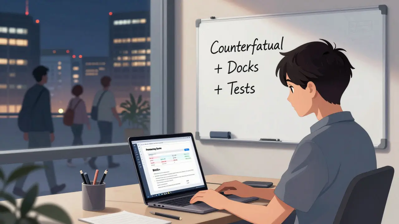 Ein Entwickler in Berlin testet KI-Fairness mit kostenlosen Tools, während vielfältige Menschen draußen gehen.