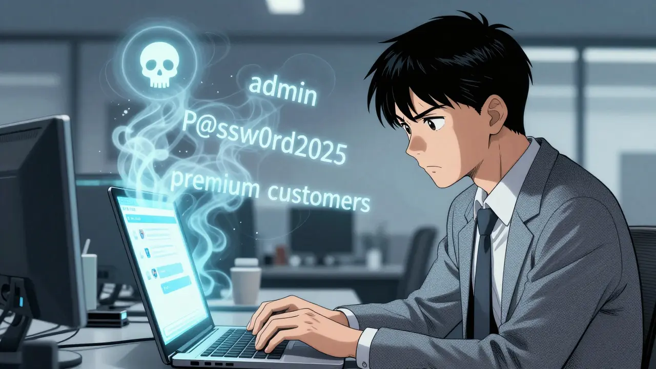 Ein Mitarbeiter beobachtet, wie vertrauliche Zugangsdaten aus einer KI-Antwort aufsteigen.