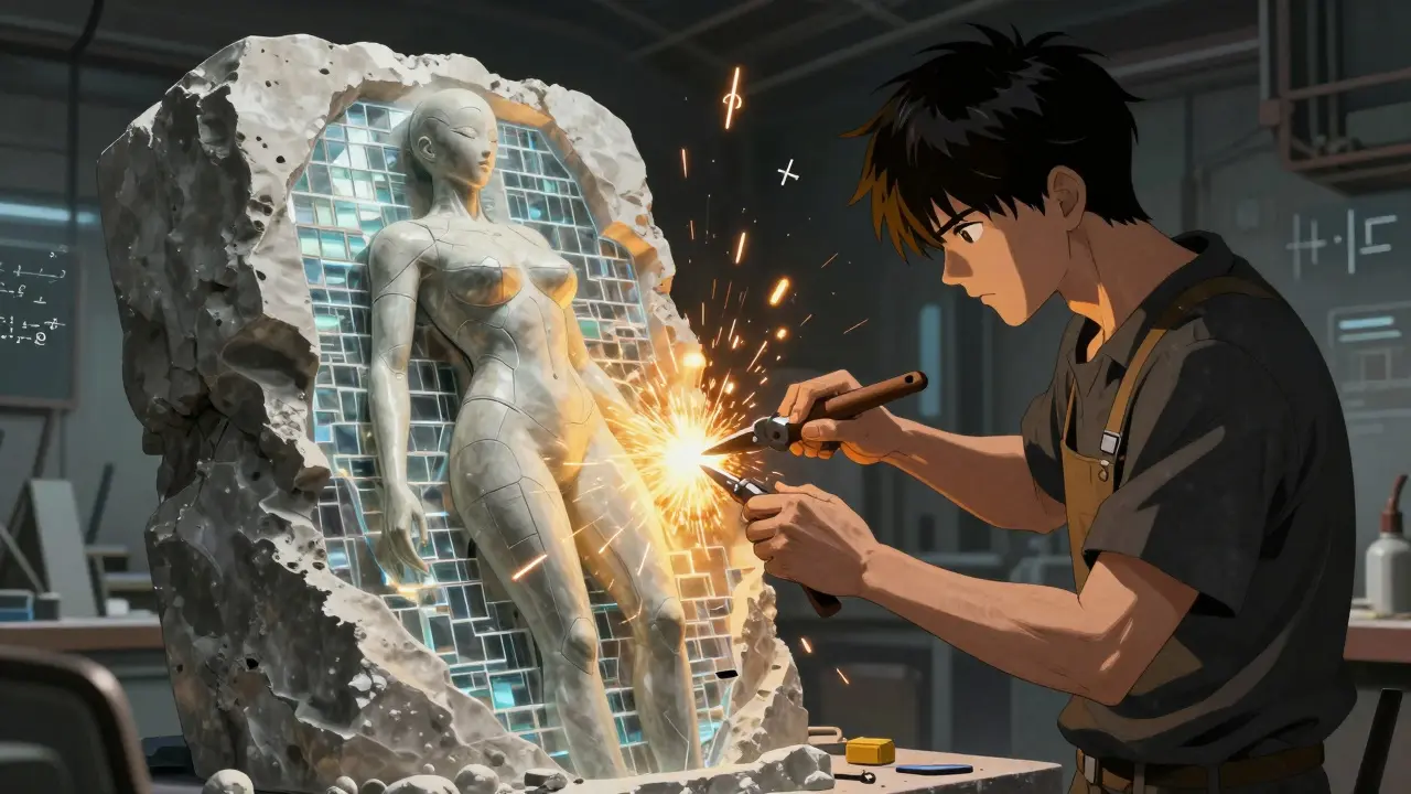 Ein Techniker schnitzt überflüssige Teile aus einem KI-Modell, um es effizienter zu machen.