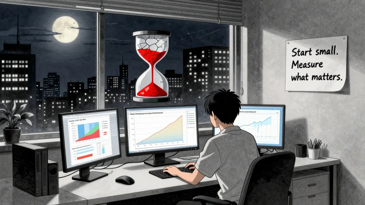 Entwickler in einem Nachtbüro mit einfachen LLM-KPIs und einem warnenden Stundenglas über dem Laptop.