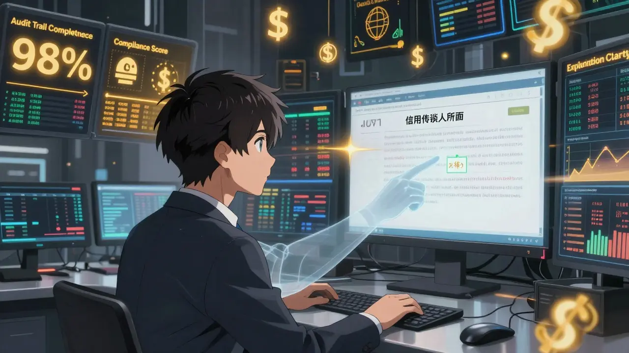 Finanztrading-Floor mit LLM-Überwachungs-Panel und sichtbarem Bias-Alarm bei Kreditablehnung.