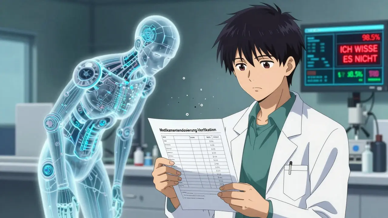 Pharmazeutischer Wissenschaftler mit Verifikationsvorlage, während KI 'Ich weiß es nicht' anzeigt und falsche Dosierung verschwindet.
