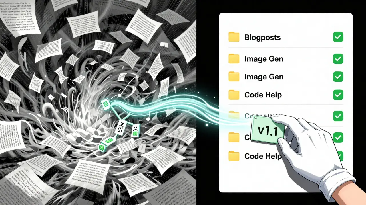 Ein vergleichender Blick auf ungeordnete Prompts versus strukturierte, versionierte Kategorien.