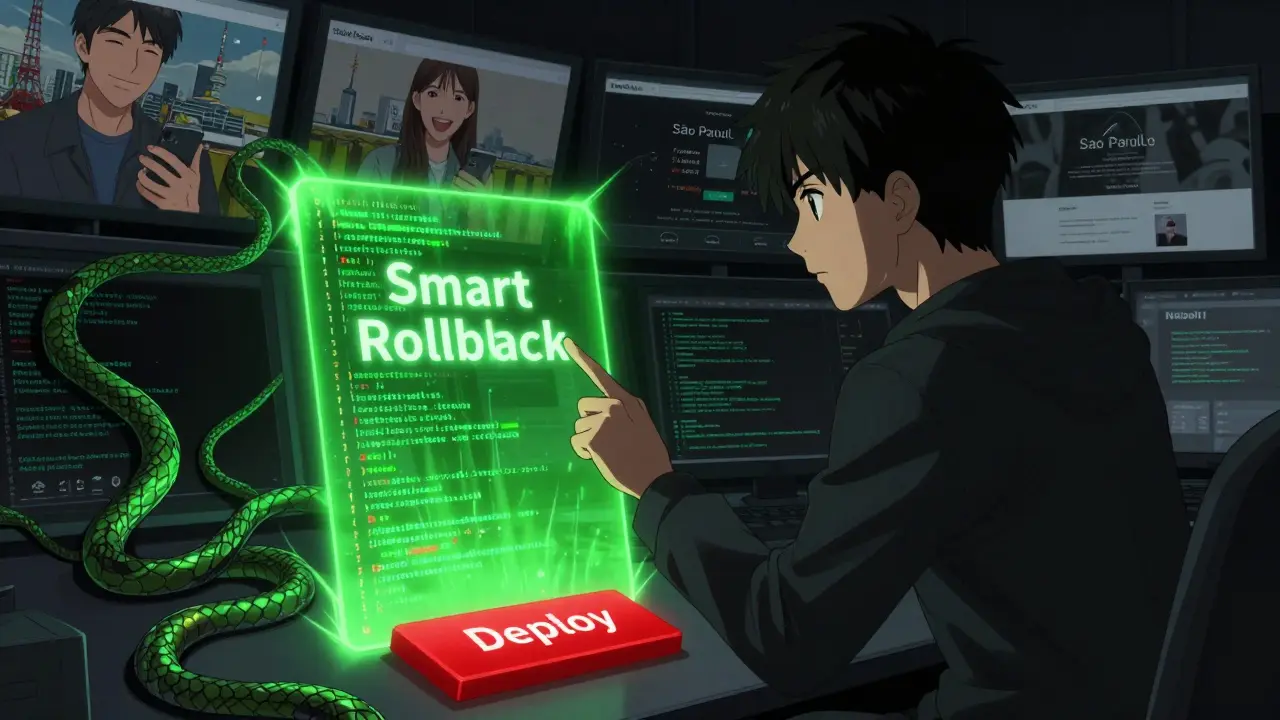 Entwickler greift nach dem Deploy-Button, während ein grüner Rücksetzschutz den fehlerhaften Code rückgängig macht.
