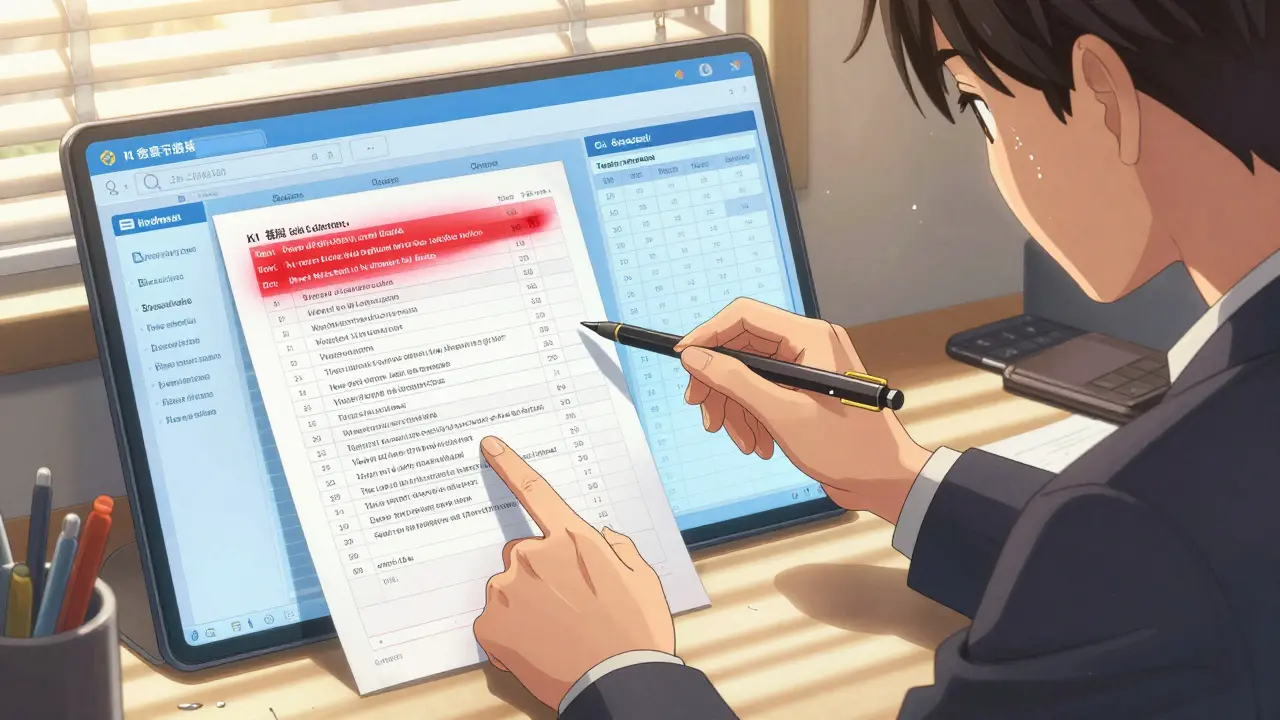 Finanzprüfer markiert eine falsche Steuerangabe in einem KI-Report mit einem digitalen Prüfwerkzeug.